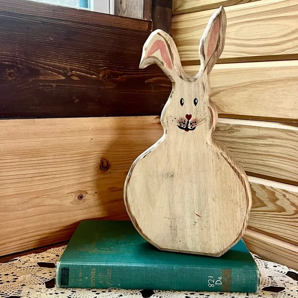 Vintage Hand Carved Wood Bunny Folk Art Rabbit Primitive Cottage Nursery Decor